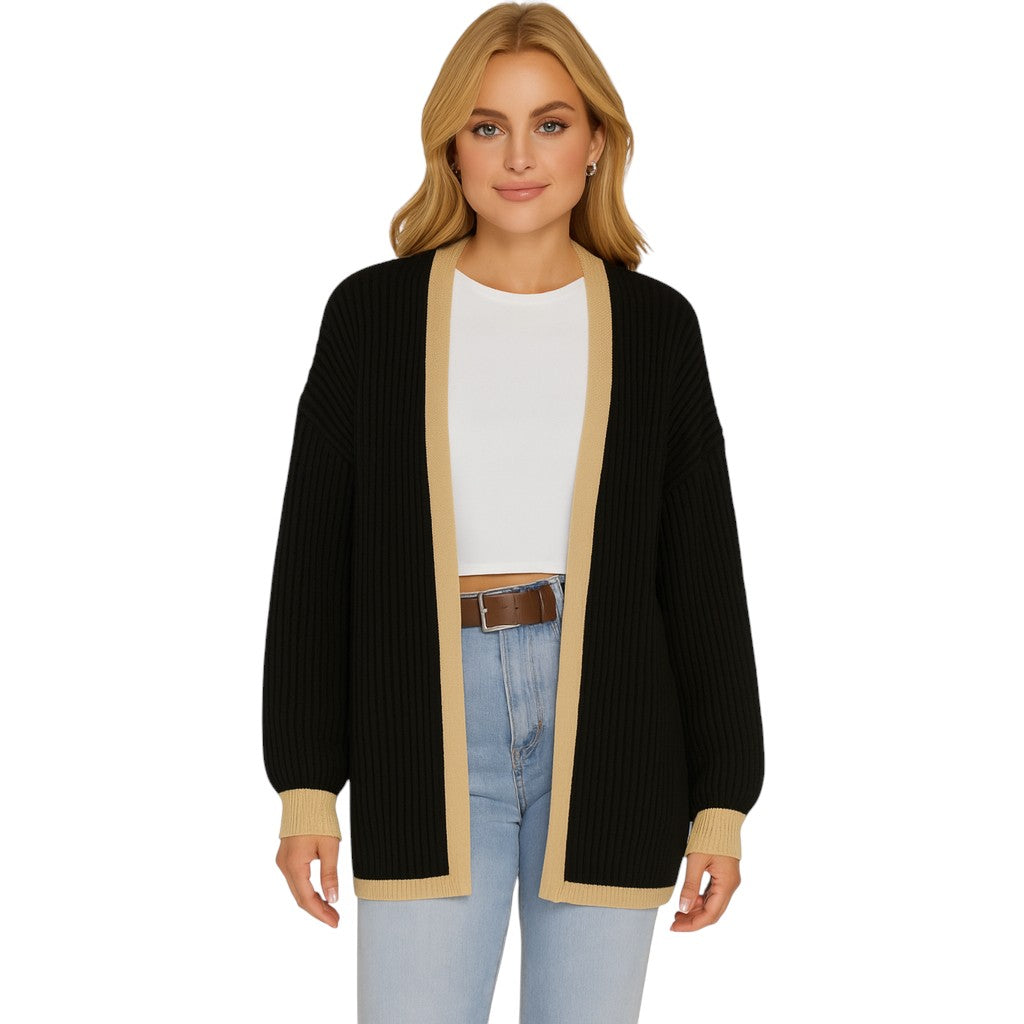 Ladies Italian edge to edge knitted cardigan in black with gold trim, soft ribbed knit open front cardigan for women, stylish lightweight layering knitwear.